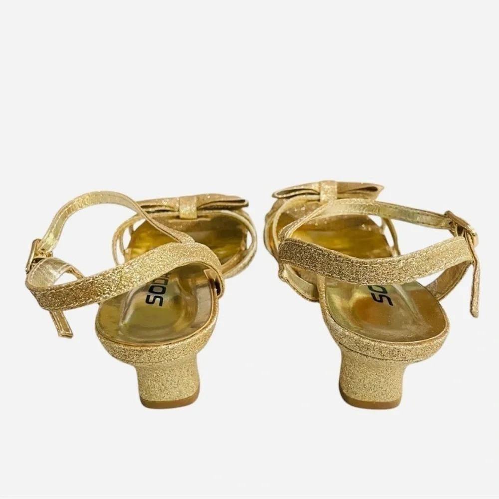 Soda Girl’s Gold Glitter Heel Sandals – Size 1 Big Kid – 2” Low Heel, Open Toe